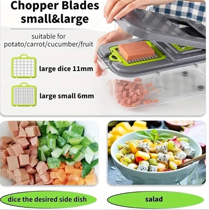 Vegetable Chopper Cutter Slicer, Multifunctional Veggie Chopper with 8 Blades, Mandoline Slice for Salad, Onion, Garlic, Food Chopper with Container, Essential Kitchen Tool
