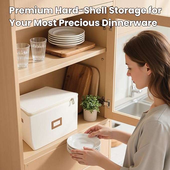 HOMELUX THEORY Plate Storage Box, 2pc 10"x8" Ivory Hard Shell China Storage Containers, Kitchen Storage Bins With Lids, Heavy Duty Moving Box with Handles for Dishes, Dinner Plate & Dinnerware