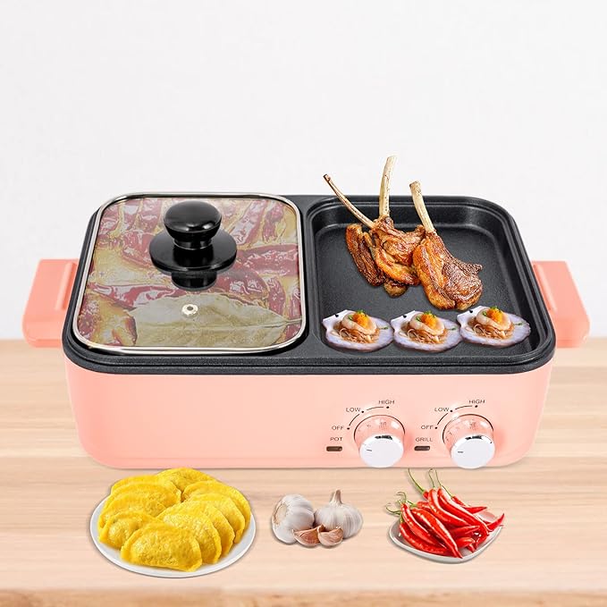 Hot Pot Electric with Grill, 2 in 1 Indoor Non-Stick Electric Pot and Griddle Yin-Yang Nonstick Skillet Indoor Smokeless BBQ Grill for Family Party, Adjustable Temperature, for 2-3 people (Rectangle)