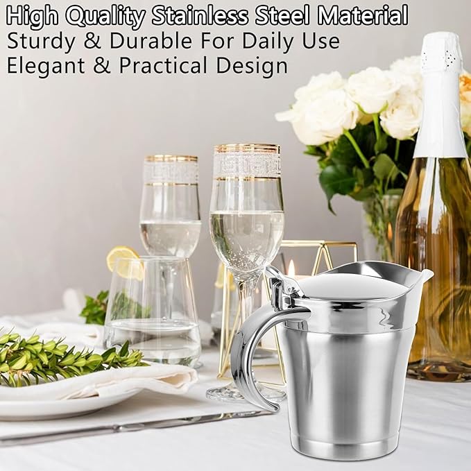 Stainless Steel Insulated Gravy Boat with Lid – 450ML/16OZ Double Insulated Gravy Pitcher for Hot & Cold Sauces – Sauce Jug with Hinged Lid, Ideal for Gravy or Cream at Thanksgiving, Gravy Pitcher