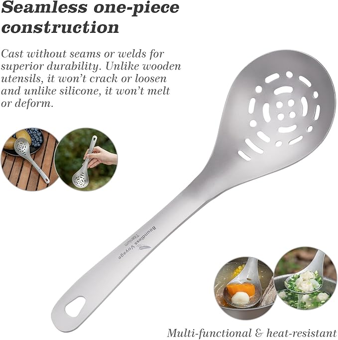 iBasingo Titanium Slotted Spoon Ultralight Kitchen Strainer for Cooking, Noodles, Salad & Hot Pot Fried Food Durable Metal Colander for Outdoor Camping Backpacking Home used, Dishwasher Safe Ti1038A