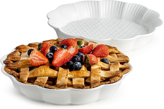 Cormomu Pie Pan for Baking 9 Inch, Ceramic Pie Dish, Non-Stick Round Baking Dish, Porcelain Plates with Ruffled Edge| Microwave, Dishwasher, and Oven Safe (2PCS)
