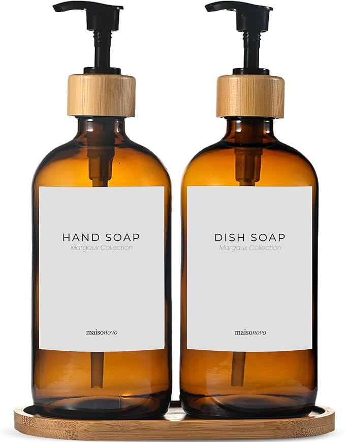 MaisoNovo Glass Dish Soap Dispenser for Kitchen Set of 2-16.9oz Amber Dish and Hand Soap Dispenser Set for Kitchen - Amber Glass Bottles x 2 with Black Bamboo Pumps & Tray