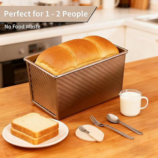 Hikaproligt Pullman Loaf Pan with Lid 2 Pack, 8x4 Inch 1LB Nonstick Carbon Steel Bread Pans, Gold Corrugated Sandwich Bread Baking Pan for Toast, Sourdough, Homemade Bread