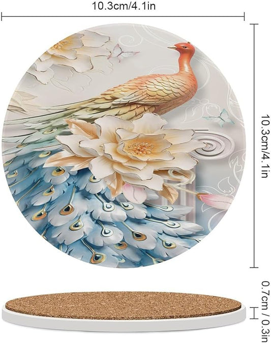 Peacock Drink Coasters, Round Ceramic Drink Coaster Round-4PCS, Vintage Country Flower Beautiful Peacock Floral Decor Absorbent Ceramic Coasters for Beverage Cup, Bar, Coffee Table