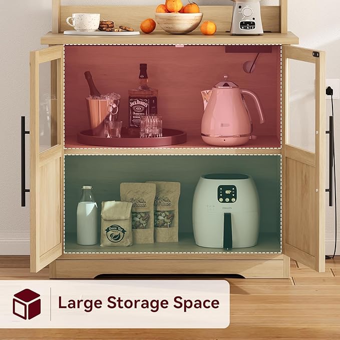 GAOMON Farmhouse Bakers Rack with Storage Cabinet and Power Outlets, Kitchen Pantry Organizer Hutch with Thickened Countertop, Microwave Stand with USB Ports, Multi-Shelf Storage, Wood