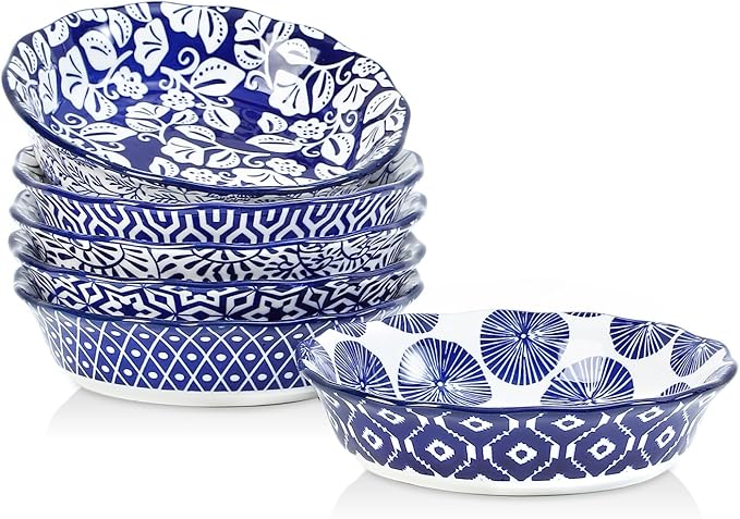 Selamica Ceramic Mini Pie Pans, 6 Inch Pie Dish for Baking, Small Pie Plate with Fluted Edge for Dessert Apple Pie, Oven Safe, Set of 6, Vintage Blue