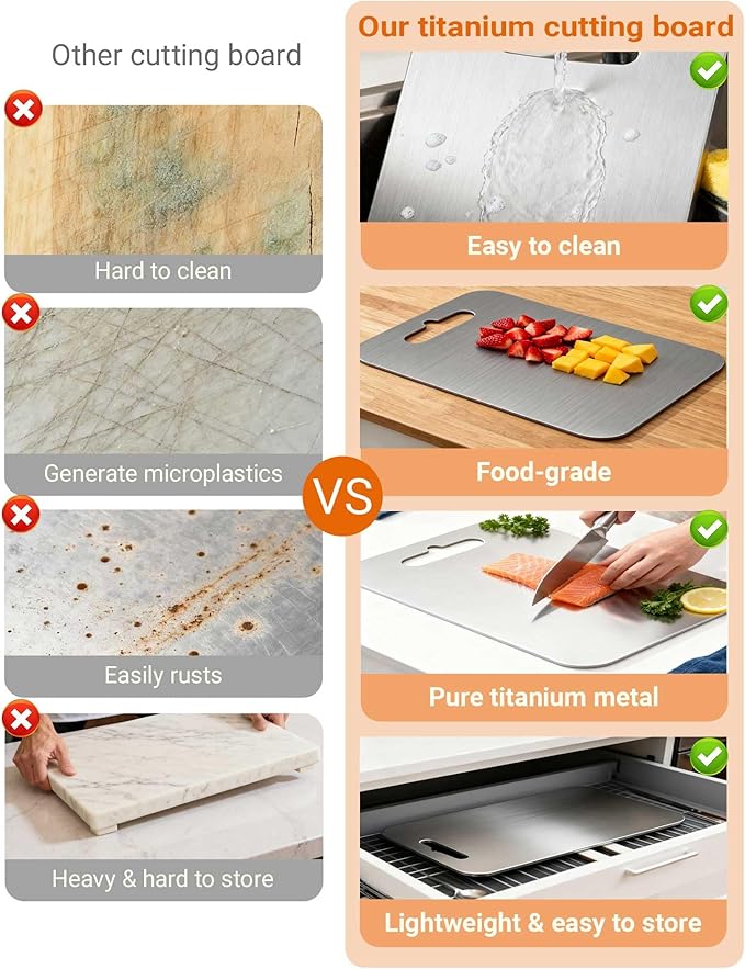 Titanium Cutting Boards for Kitchen,Pure Titanium Double Sided,Dishwasher Safe,Food-Grade Metal Chopping Board for Camping & Suitable for Meat,Charcuterie,Vegetables & Fruits(M 14.2" x 9.9" x 0.06")