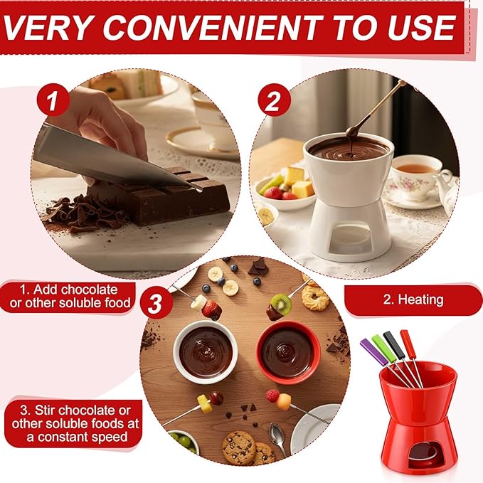 Mudder 8 Pcs Mini Fondue Pot Set with 32 Color Coded Forks Valentine's Individual Porcelain Tea Light Melting Mugs for Chocolate Cheese Dessert Small Fondue Pot for Tapas Gifting(Red White)