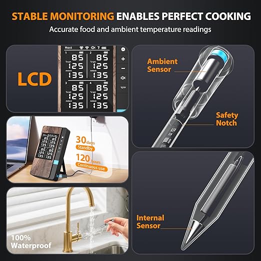 AI Smart Wireless Meat Thermometer, 10X Enhanced Signal and Stability, with 2 Probes High-Accuracy Sensors, Standalone Display Base, Instant Read LCD & App Control for Kitchen,BBQ,Oven,Grill
