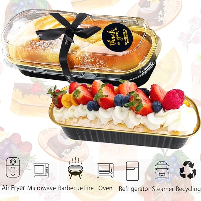 50 Pack Mini Loaf Pans with Lids and Spoons, 6.8 Oz Mini Cake Pans with Lids for Baking,Black Disposable Rectangle Aluminum Foil Loaf Pan with Ribbon Stickers，Small Cake Containers Tin（Black）