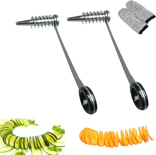 2 Pcs Stainless Steel Spiral Slicers, Portable Manual Cutter, Piranha Spiral Cutter Tool for Melon Fruit Potato Cucumber Carrot Vegetables Kitchen Accessories Tool