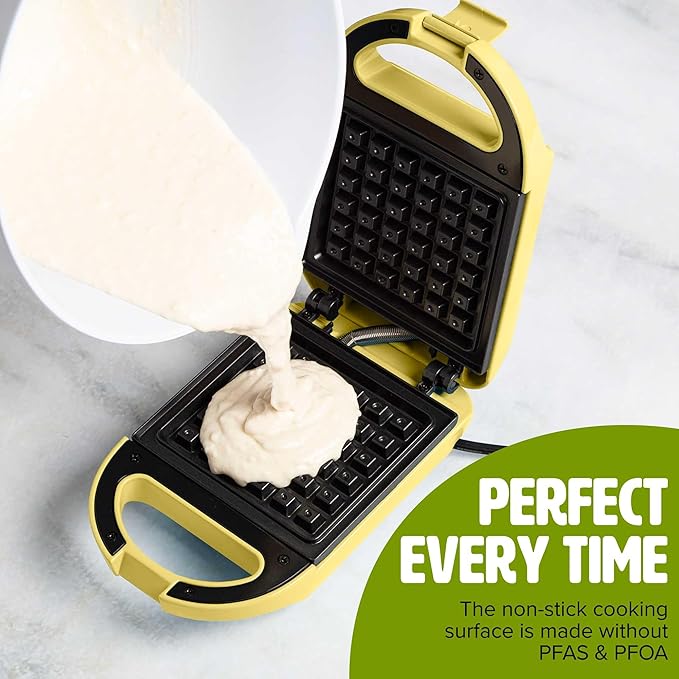 Tasty Mini Nonstick Waffle Maker, Perfect for Individual Waffles, Hash Browns, Brownies and more, Quick Results, Easy Clean Up, 600W, Yellow