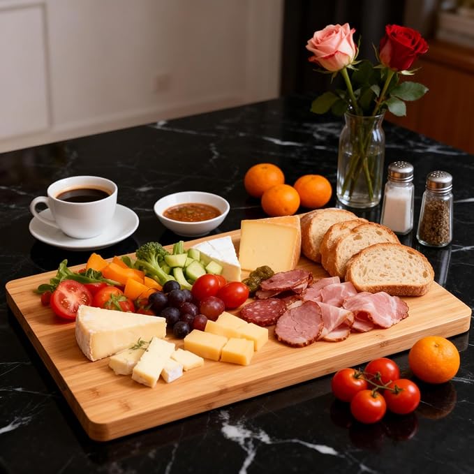 Tafopue Bamboo Cutting Board, 1" Thick Heavy Duty Wood Chopping Board for Kitchen, Built-in Deep Juice Groove and Handles, Reversible Charcuterie Board for Meat BBQ, Gift for Housewarming, 17x12''