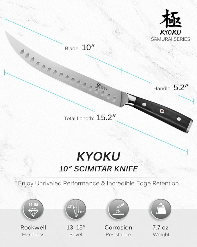 KYOKU 10" Scimitar Knife, Samurai Series Cimitar Breaking Knife with Pakkawood Handle, Japanese Style High Carbon Steel Butcher Knife, Full Tang Meat Slicing Knife for Roast Ham with Sheath and Case