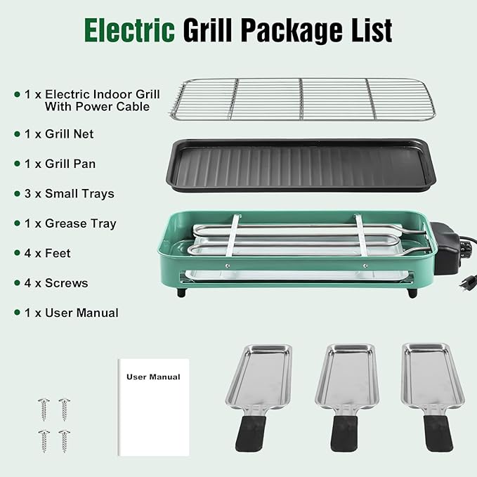 1500W Electric Indoor Grill, 2 in 1 Korean BBQ Grill for Kitchen, with Grill Net Removable Plate 3 Small Trays, 5 Temperature Control, Dishwasher Safe