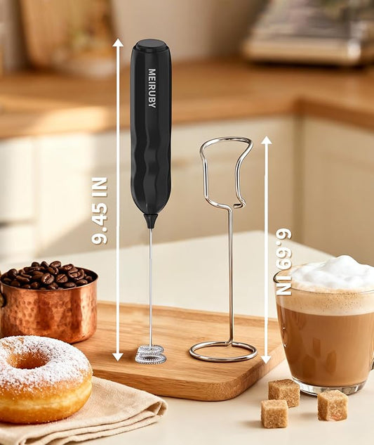 MEIRUBY 2-Pack Milk Frother Handheld with Stand, Valentines Day Gifts for Him and Her, Powerful Electric Coffee Frother, Coffee Lover Gift for Lattes, Cappuccino, Matcha & Hot Chocolate, Black/White