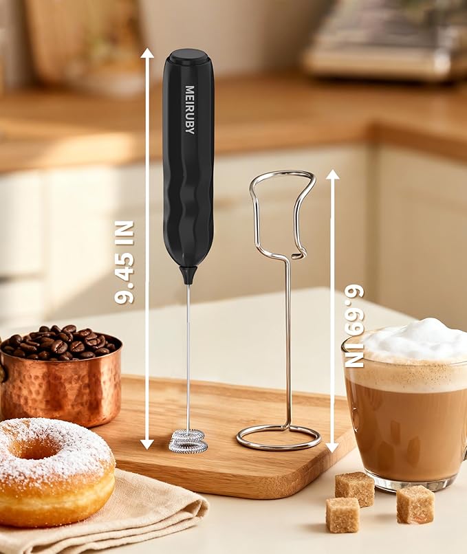 MEIRUBY 2-Pack Handheld Milk Frother with Stand, Powerful Electric Foam Maker, Coffee Lover Gift for Lattes, Cappuccino, Matcha & Hot Chocolate, Black/Pink