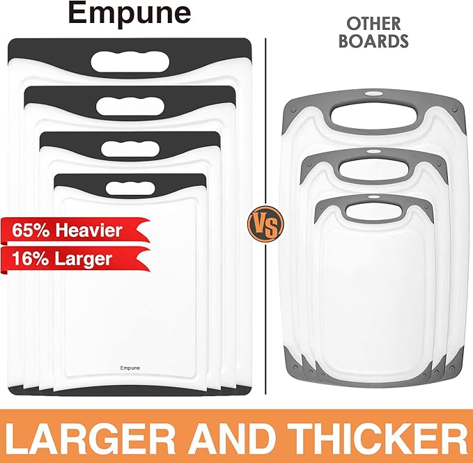 Extra Large Cutting Boards, Plastic for Kitchen (Set of 4) Dishwasher Chopping Board with Juice Grooves, Easy-Grip Handles, Black, Empune