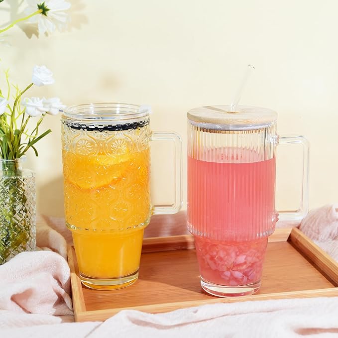 24oz Ribbed Glass Cups with Lids and Straws Handle Iced Coffee Drinking Glasses Heavy Duty Tumbler for Cold Drink Smoothie Boba Tea(Ribbed with Bamboo Lid)