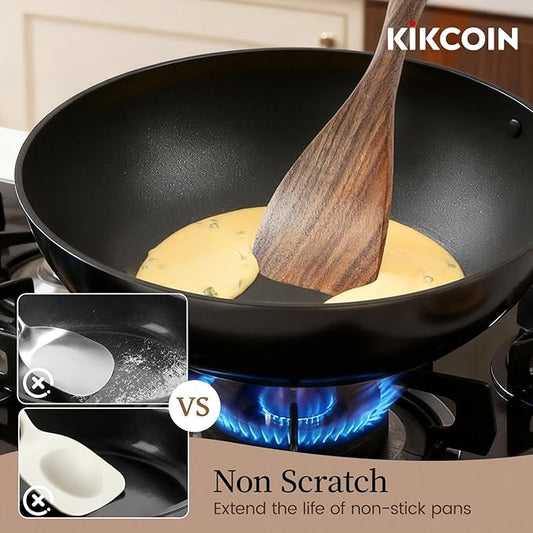 Kikcoin Wood Kitchen Utensils Set, 7 PCS Solid Teak Wooden Spoons for Cooking with Long Handle Heat-Resistant Wooden Cooking Utensils Set for Non-stick Cookware Including Hanging Hole