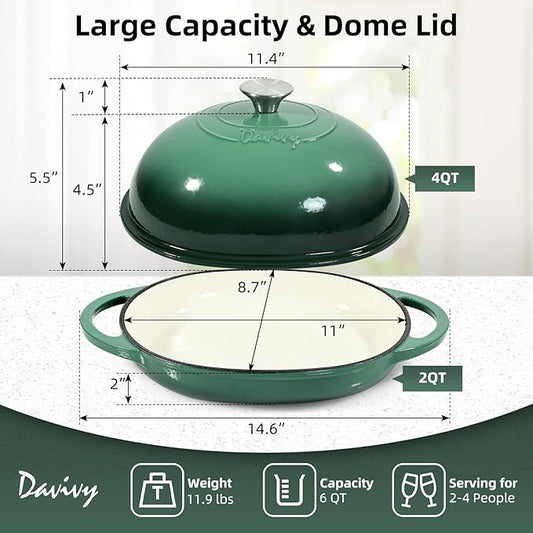 Davivy 6QT Enameled Oval Dutch Oven for Sourdough Bread Baking with Lid, Oval Cast Iron Bread Pan with Silicone Baking Mat, Cast Iron Sourdough Baking Pan - Forest Green