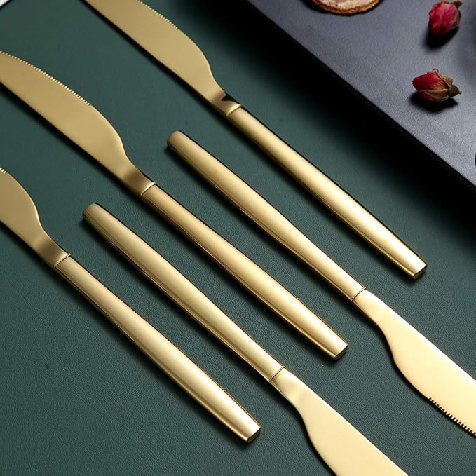 Berglander Gold Dinner Knives Set Of 12, Titanium Shiny Gold Plating Stainless Steel Dinner Knife, Butter Knife Table Knives Dishwasher Safe