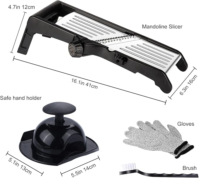 Mandoline Food slicer for kitchen, Adjustable Stainless Steel Mandoline Vegetable slicer, Food slicer Onion Potato Chip French Fry, 7 in-1 Adjustable Blade, Including 1 Pair of Gloves