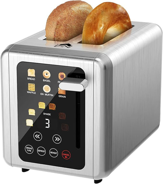 WUNLY Touch screen Toaster 2 slice,Stainless Steel Digital Timer Toasters with Sound Function,6 Bread Types & 6 Shade Settings,Smart Extra Wide Slots Toaster with Bagel,Defrost Functions,Platinum
