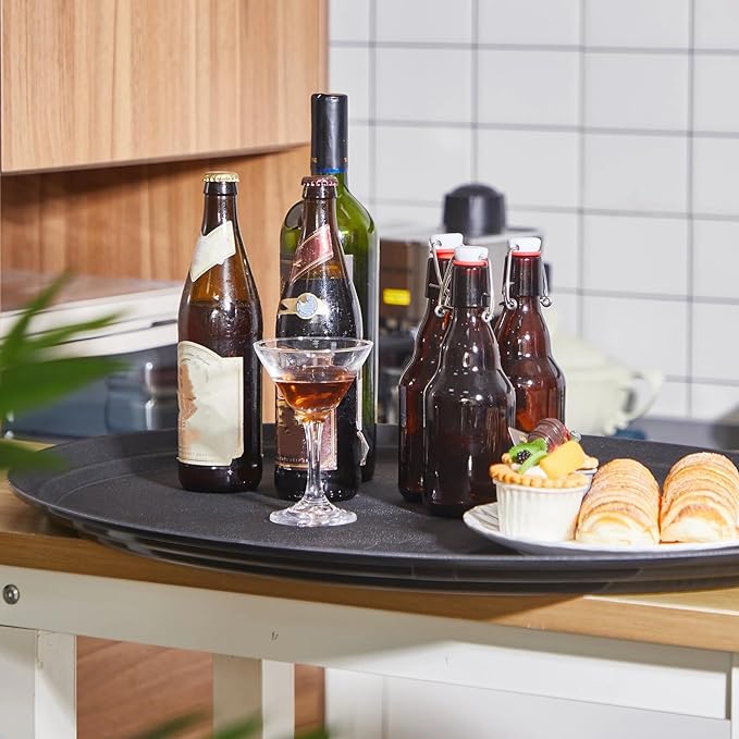 2 Pcs Restaurant Serving Trays PP Plastic Non Slip Rubber Lined Large Oval Tray for Kitchen Dining Room Cafeterias Fast Food Service (27 x 22 Inch,Black)