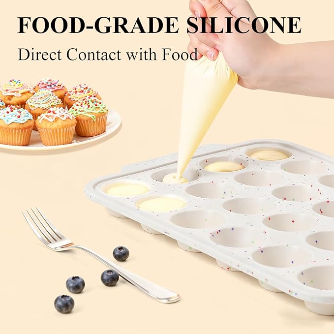 Vinino Silicone Mini Muffin Pan for Baking, 24 Cups Mini Cupcake Pan with Reinforced Frame, Nonstick Muffin Tray with Non-Slip Handle, Silicone Molds for Oven, BPA Free, Dishwasher Safe