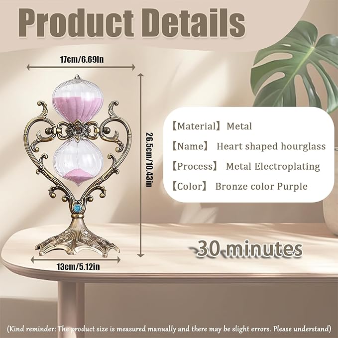 Sand Timer 30 Minutes,Hour Glass,Metal Vintage Hourglass,Hourglass Decor,for Home Decoration Office Desk Wedding Party Decor Kitchen Timer (FCopper Heart, 30 Min)