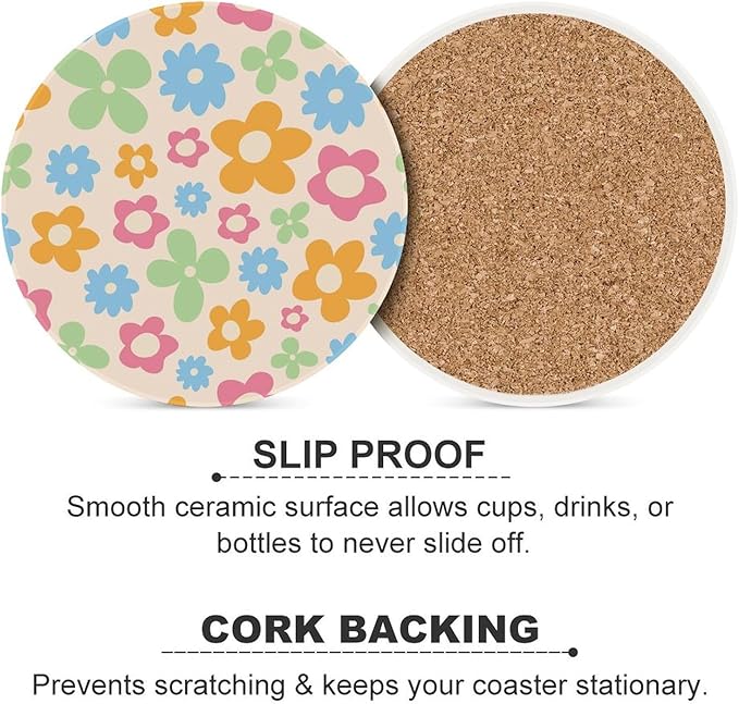 Floral Drink Coasters, Round Ceramic Drink Coaster Round-4PCS, Cartoon 70s Cute Flower Abstract Pastel Daisy Floral Decor Absorbent Ceramic Coasters for Beverage Cup, Bar, Coffee Table