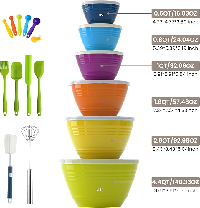 LISI 6 Pack Mixing Bowl Set with Lids, Plastic Bowls for Kitchen, Nesting Salad & Meal Prep Bowls, BPA-Free, Large Storage Bowl with Airtight Lids