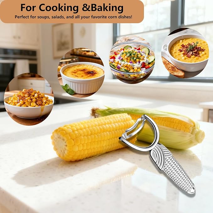 Corn Peeler for Corn on the Cob – Stainless Steel Corn Stripper Tool with Ergonomic Anti-Slip Handle – Sharp Corn Kernel Remover & Cutter for Kitchen, Salads, BBQ & Fresh Corn Prep (Silver)