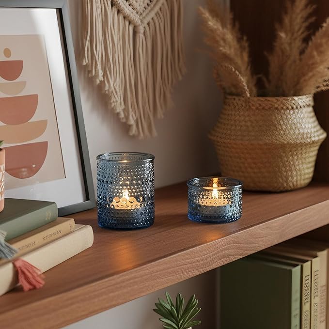 Blue Glass Votive Candle Holders Set of 24, Assorted Heights Polka Dot Tealight Candle Holders for Table Centerpiece, Blue Candle Holder Decor for Wedding, Baby Shower Party & Spa