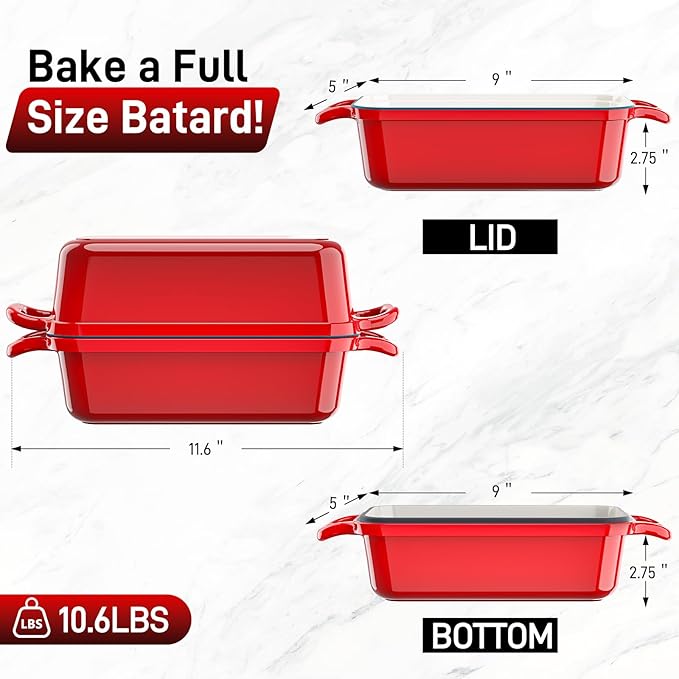 DYCYRQ Enameled Cast Iron Dutch Oven for Sourdough Bread Baking, 9 x 5Inch Oval Cast Iron Bread Pan with Lid, 2PCS Dutch Oven for Homemade Sourdough Baking, Meatloaf Pan, Oven Safe, Red