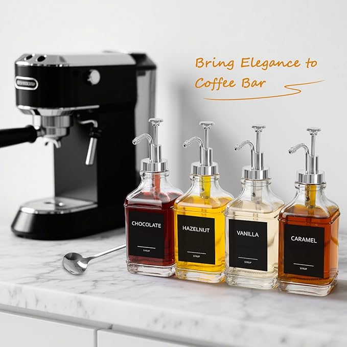 Coffee Syrup Dispenser, Coffee Bar Accessories 16.9 fl oz/500ml, Glass Syrup Dispenser with Silver Pump Dispenser, Labels, Spoons for Coffee Bar, 4 Pack