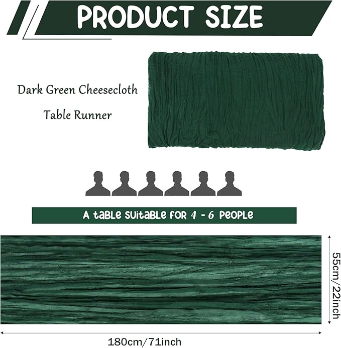 10 Pack Dark Green Cheesecloth Table Runner 6FT Boho Gauze Fabric Table Runner Vintage Rustic Sheer Runners for Wedding Party Bridal Baby Shower Long Table Decorations