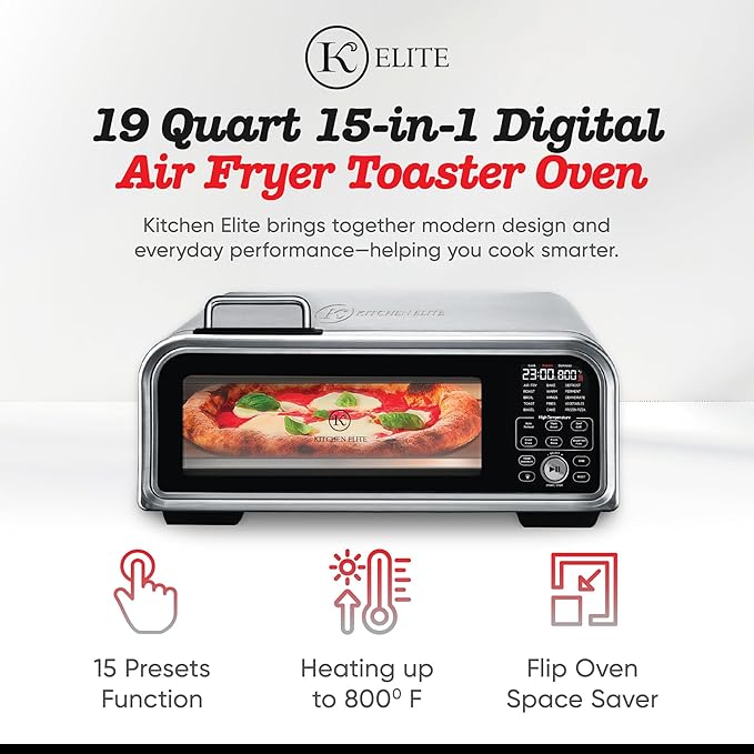 Kitchen Elite 15 in 1 Digital Toaster Oven Air Fryer Combo with Touch Panel and 12 Inch Pizza Capacity, Stainless Steel, Silver