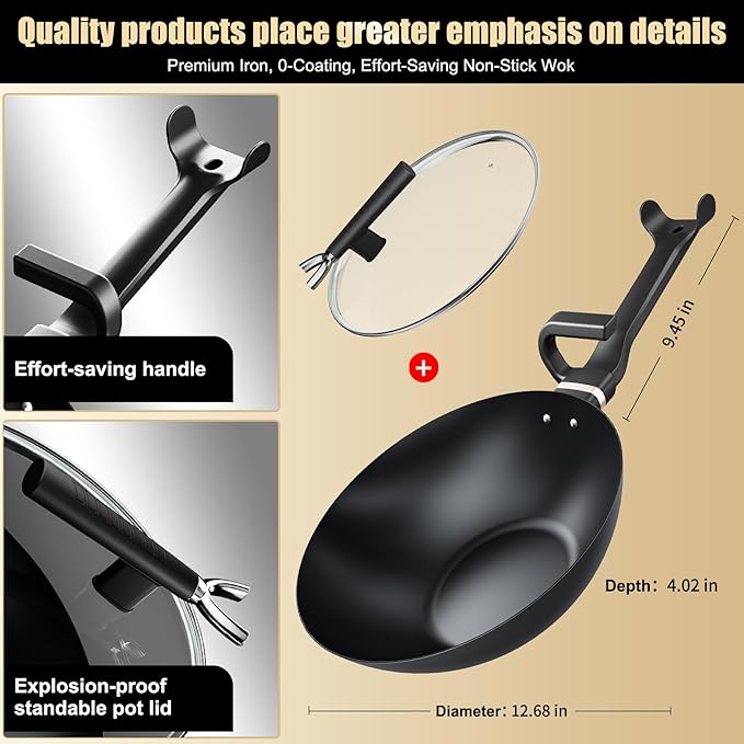 KALAWW Carbon Steel Wok Pan, Non-stick sauté pan,13 Inch Woks & Stir-fry Pans Nonstick with Ergonomic Handle, Cookware, Pots and Pans,Versatile Bottom Chinese Woks for All Stoves