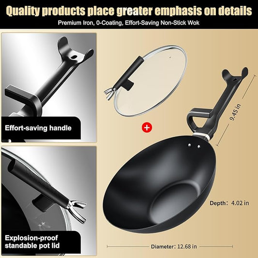 KALAWW Carbon Steel Wok Pan, Non-stick sauté pan,13 Inch Woks & Stir-fry Pans Nonstick with Ergonomic Handle, Cookware, Pots and Pans,Versatile Bottom Chinese Woks for All Stoves