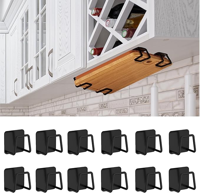 Under Cabinet Cutting Board Holder - 12 Pcs Pot Lid Organizer for Cabinet Rack Storage Stainless Steel Shelf Counter Chopping Board Holder (Black)
