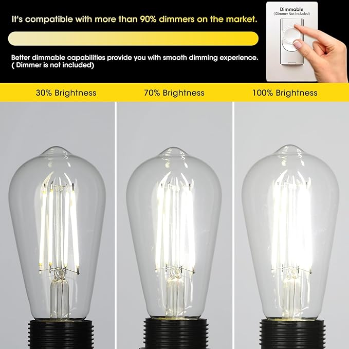 Dimmable Vintage LED Edison Bulb 60W Equivalent, 6W 750Lumens Edison Light Bulbs 5000K Daylight White, ST58 Antique LED Filament Bulb CRI 90+, E26 Medium Base, Clear Glass, Pack of 24