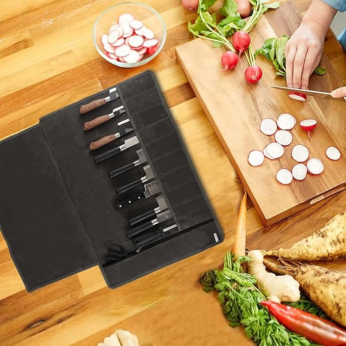 Chef’s Knife Roll Bag,Waxed Canvas Knife Cultery Carrier, Portable Chef Knife Cases,Knife Pouch Holders With 10 Slots Plus 1 Zipper Pockets Can Hold Home Kitchen Knife Tools Up To 18.8”