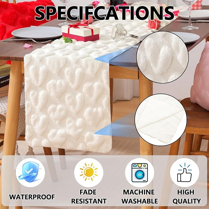 Table Runner 13x72 Inch for Valentine's Day, 3D Heart Shape Winter Holiday Decorative Farmhouse Table Decorations for Kitchen Dinning, Indoor Outdoor Dinner Party Decor (White)
