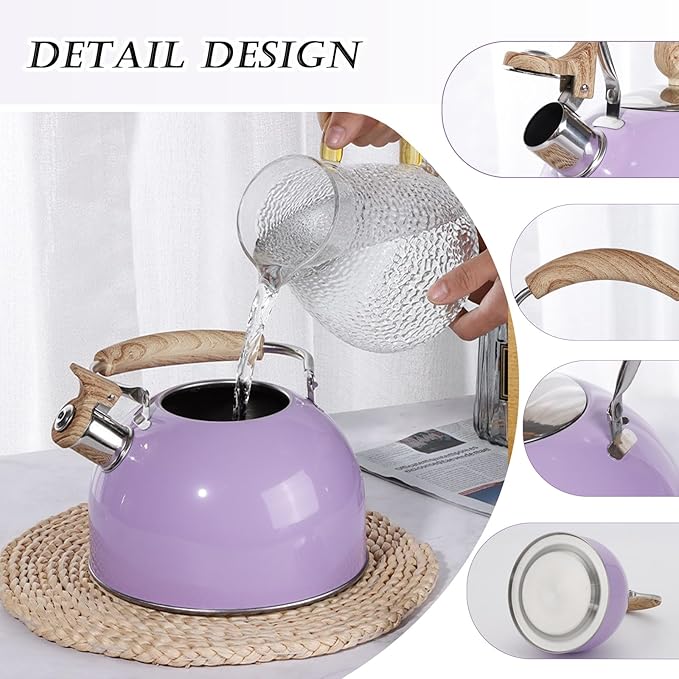 Stove Top Whistling Tea Kettle, 2.3 Quart Purple Stainless Steel Teapot for Boiling Water Coffee or Milk, Tea Pot with Ergonomic Handle Suitable for All Stovetops (Purple), 2.5L, VO-SH05