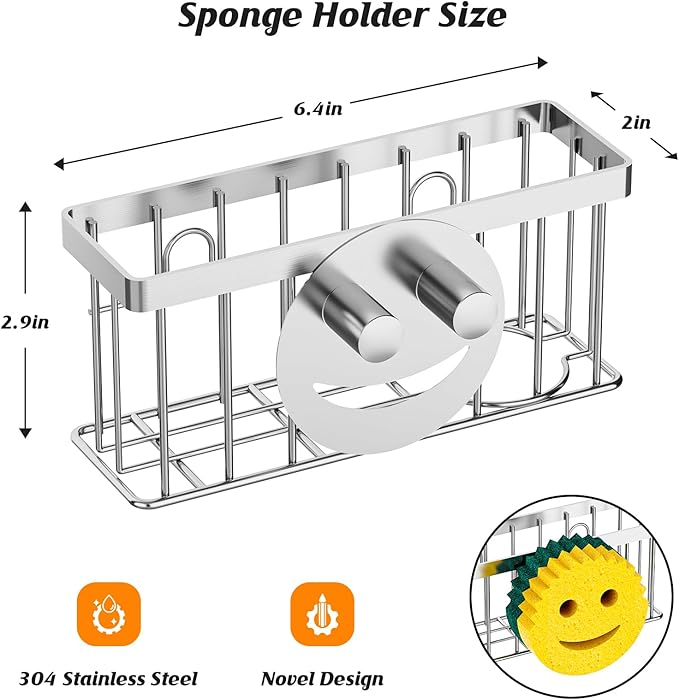 Sponge Holder Smiley Face, for kitchen Sink,Sponge Holder with 2 PCS Suction Cups/1 PCS Adhesive Strips,Designed for Sponge,Soap,Dish brush,Scrubber-Silver