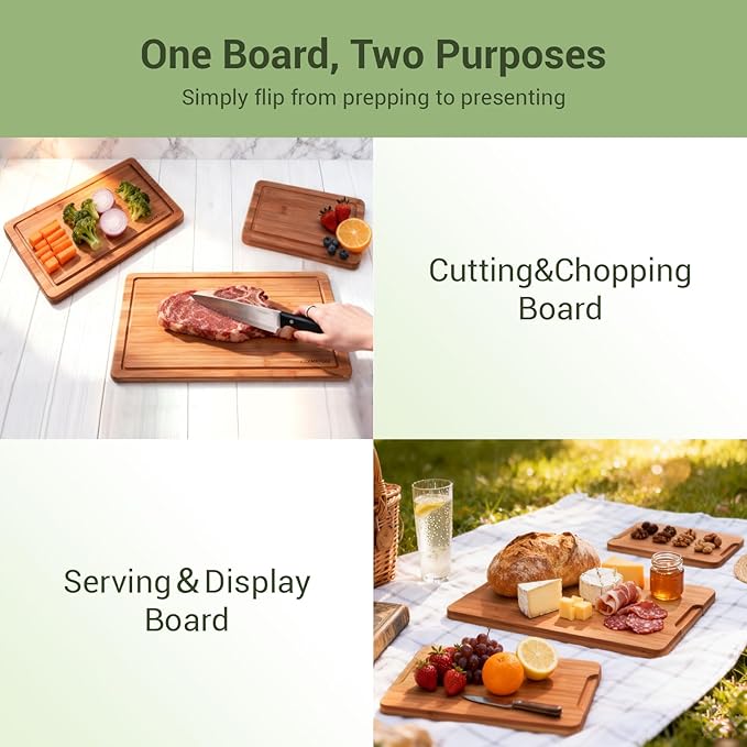Bamboo Cutting Board Set, 3-Piece Carbonized Wood Cutting Boards with Deep Juice Groove, Non-Slip Feet & Handles – Durable Cutting Board for Meat, Vegetables, Fruits, Charcuterie, Ideal Kitchen Gift