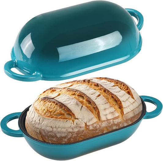 NSIRONS Enameled Cast Iron Sourdough Bread Oven, 5QT Loaf Cast Iron Bread Pan with Lid, Oval Dutch Oven for Homemade Bread Baking, Meatloaf Pan with Lid (Gradient Blue-green)